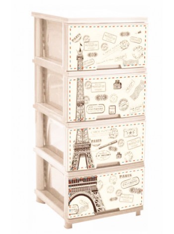 Комод пластиковий кремовий з малюнком «Париж» на 4 ящики тм «А»