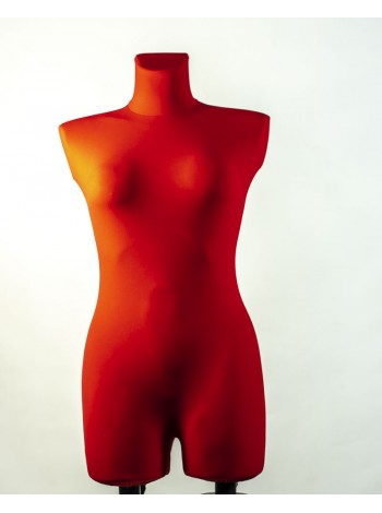 Манекен женский выставочный брючный Венера в ткани красный с креплениями для двойной подставки