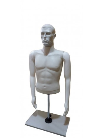Манекен чоловічий вітринний поличний торс без стегон на підставці «Сенсей» з обличчям білого кольору