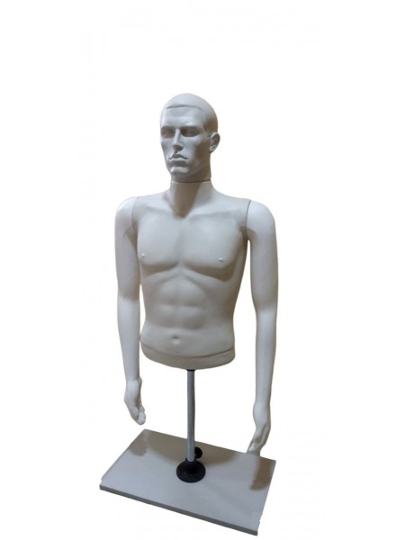 Манекен мужской витринный полочный торс без бедер на подставке «Сенсей» с лицом белого цвета