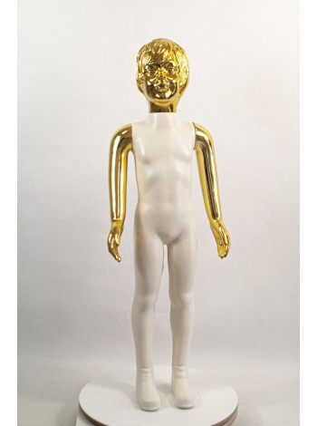 Манекен детский пластиковый девочка в полный рост белый с блестящими руками и головой (золото) 100 см