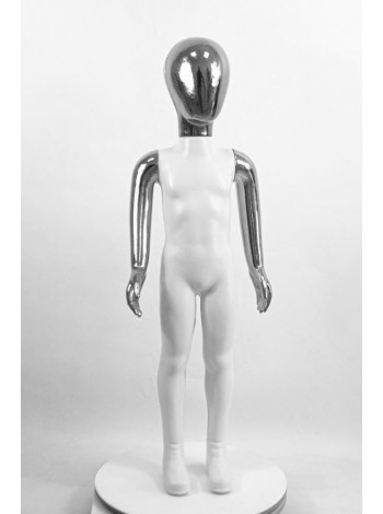 Манекен детский пластиковый безликий в полный рост белый с хромированными руками и головой (платина) 100 см