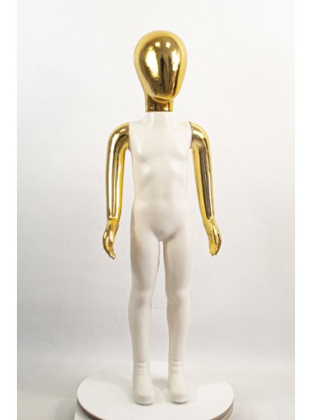 Манекен детский пластиковый ,безликий в полный рост белый с золотыми руками и головой (золото) 100 см